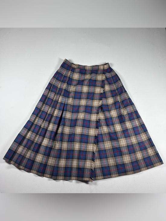 david brooks Dresses & Skirts - VTG David Brooks Pleated Casual Midi Skirt 8 Blue Beige 100% Wool 70s 80s USA